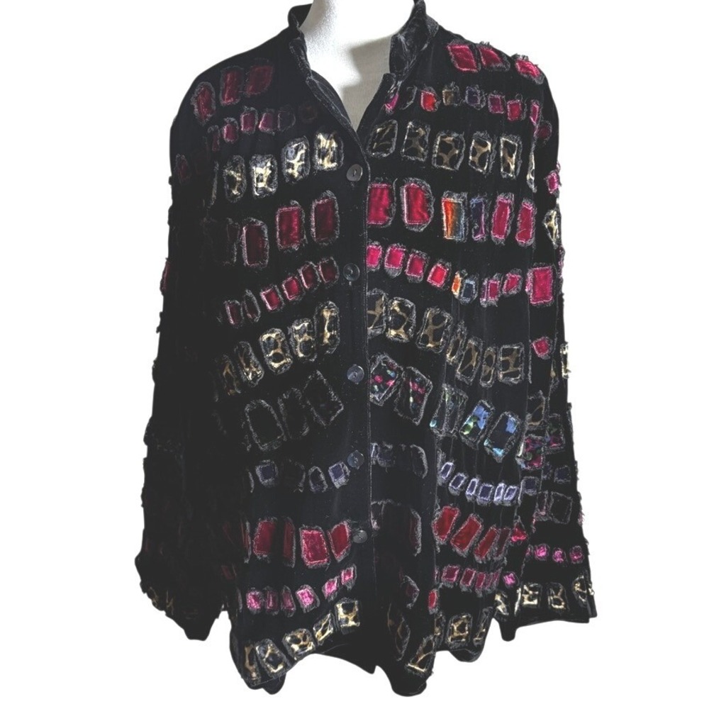 Chicos Design‎ Size 3 Black Velvet Jacket Embellished Geo Print Multi & Leopard